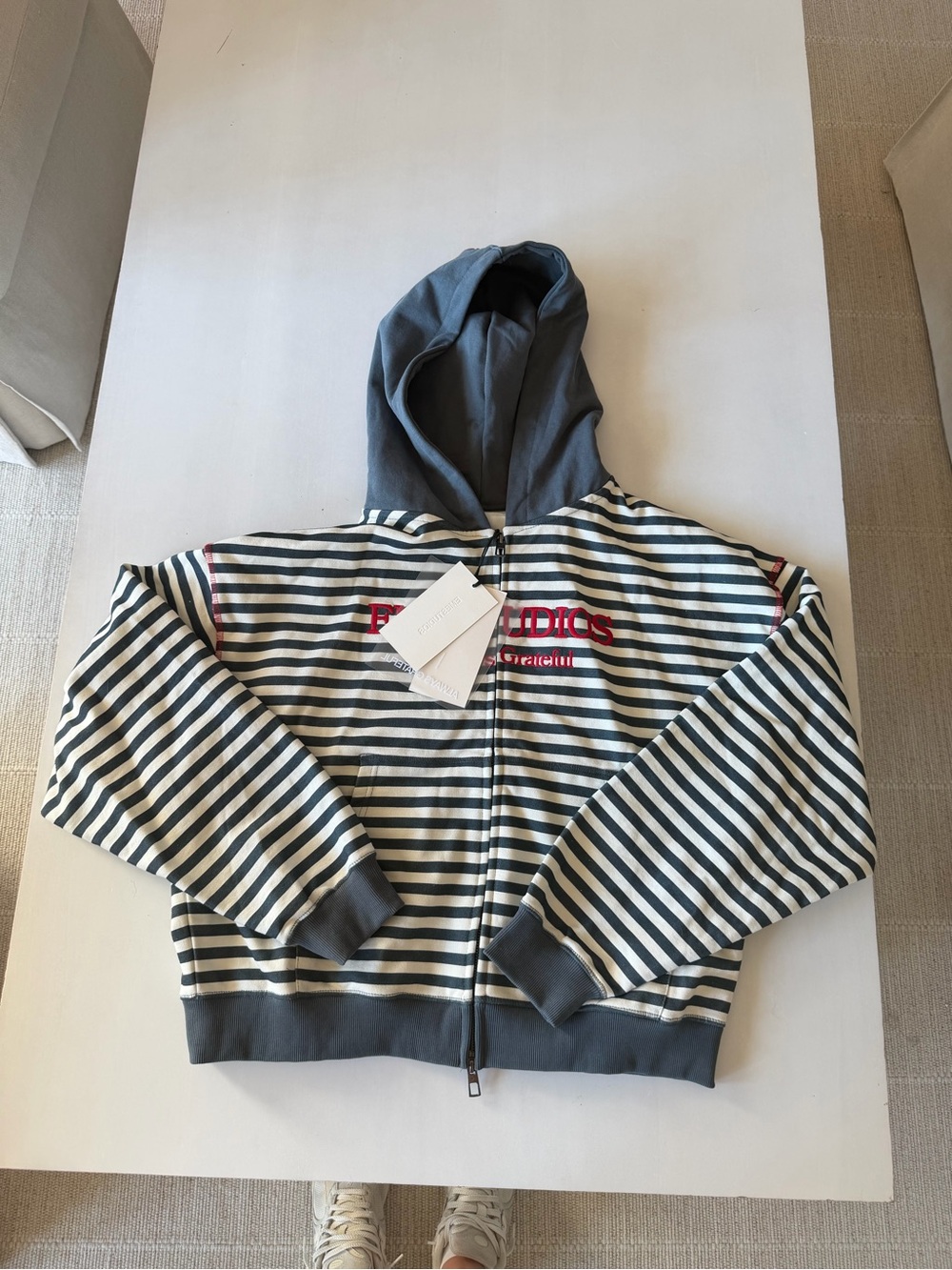 EMESTUDIOS Full Zip Striped Hooded Jacket in Blue & White